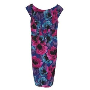 VTG! Karen Millen Floral Rose Blue Pink Cap Sleeve Pencil Sheath Dress US 8